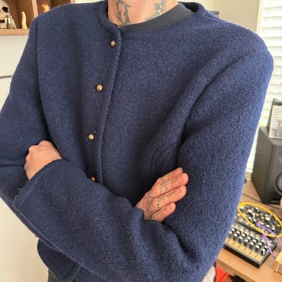 ๐ SOLD ๐ Vintage 60s Navy Blue Boiled Wool Full Button Knit Cardigan ~ Size M - Picture 4 of 7